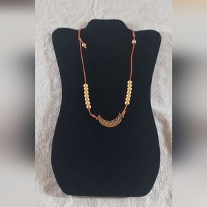 Handmade Adjustable Metallic Orange Leather & Gold Pearl & Moon Charm Necklace